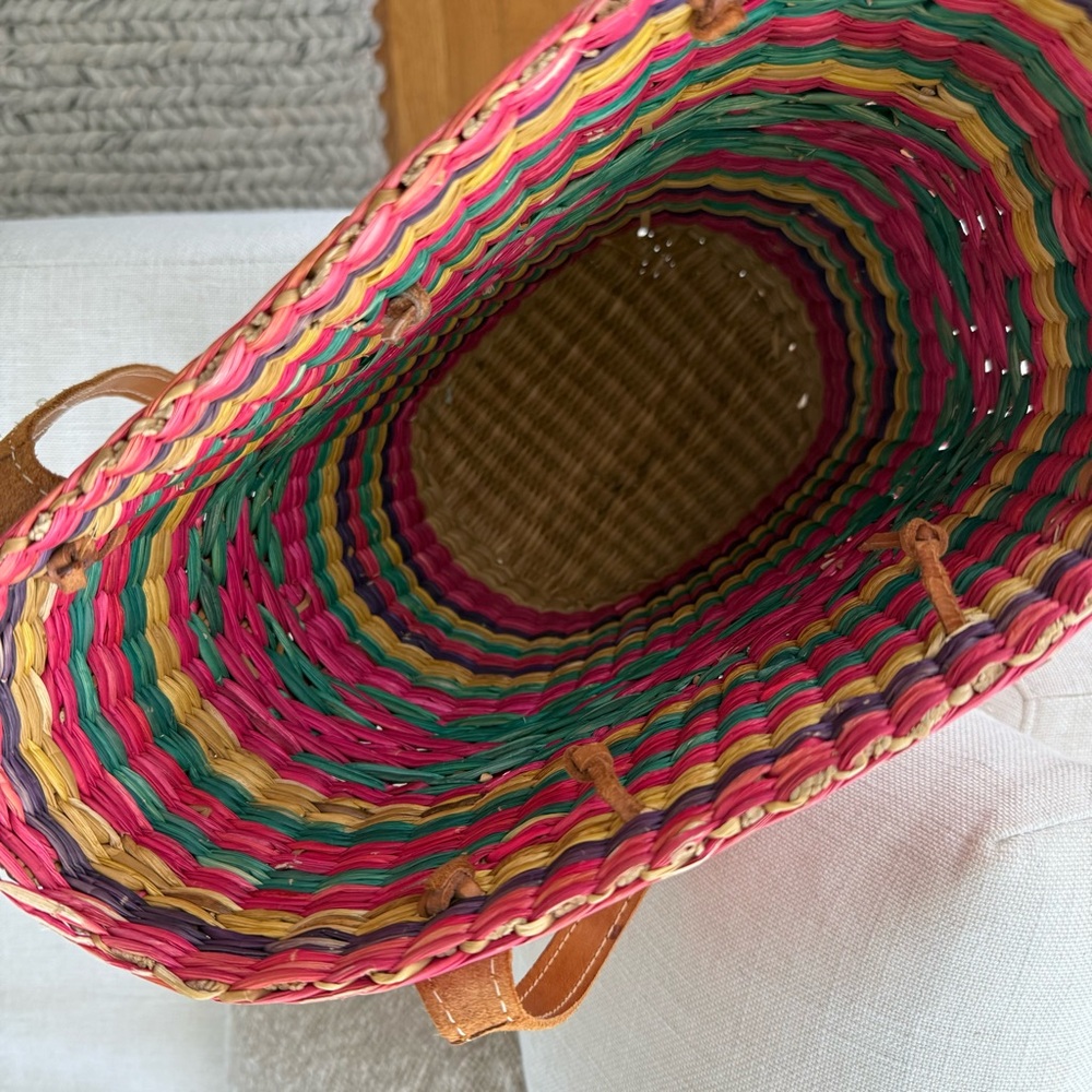 Vintage Woven Raffia Bucket Tote Multicolor with Leather Trim - Picture 4 of 13